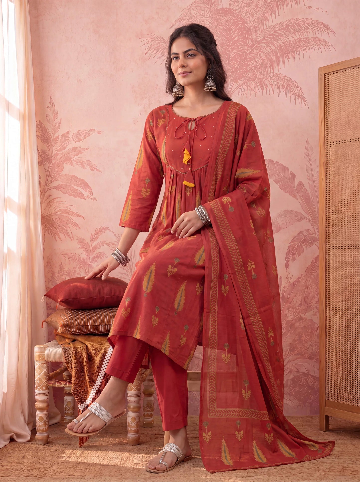 Cotton Kantha Work Sequins Work Anarkali Kurta Dupatta Pant Set