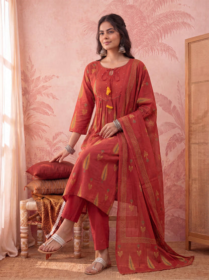 Cotton Kantha Work Sequins Work Anarkali Kurta Dupatta Pant Set