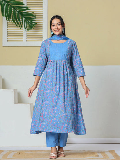 Cotton Kantha Work Kurta Pant Dupatta Set
