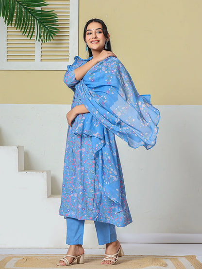 Cotton Kantha Work Kurta Pant Dupatta Set