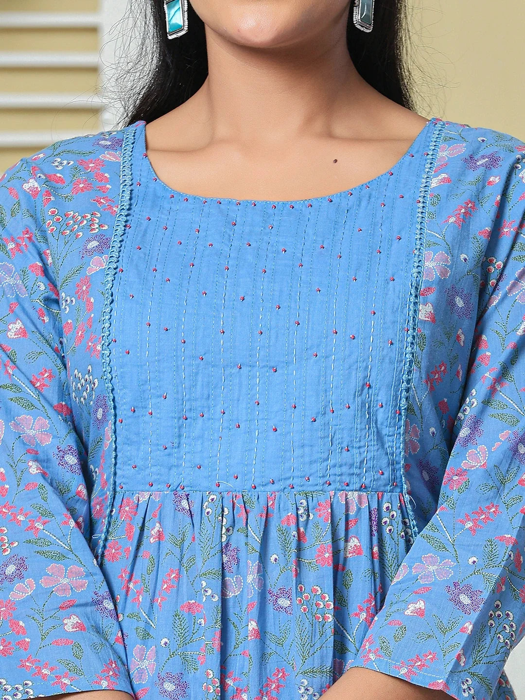 Cotton Kantha Work Kurta Pant Dupatta Set