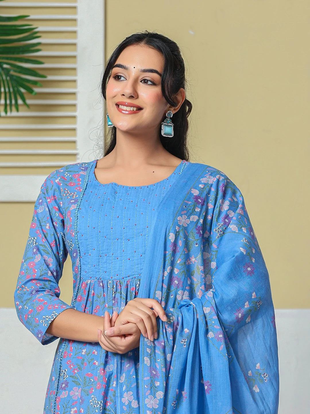 Cotton Kantha Work Kurta Pant Dupatta Set