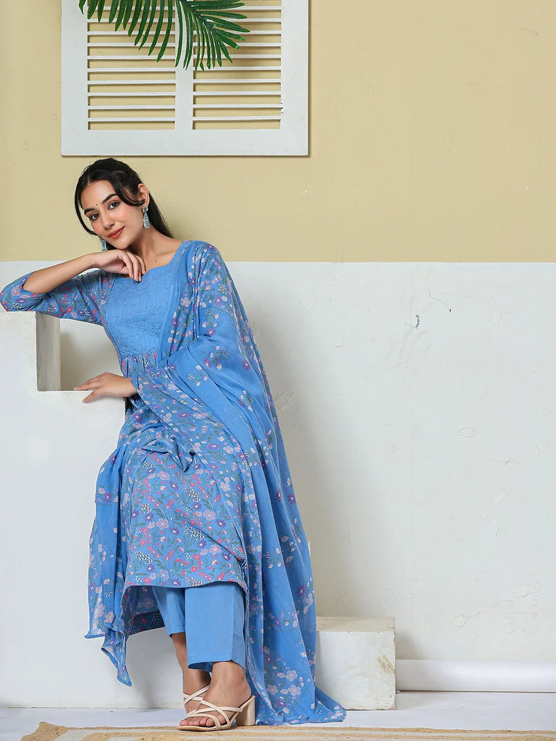 Cotton Kantha Work Kurta Pant Dupatta Set