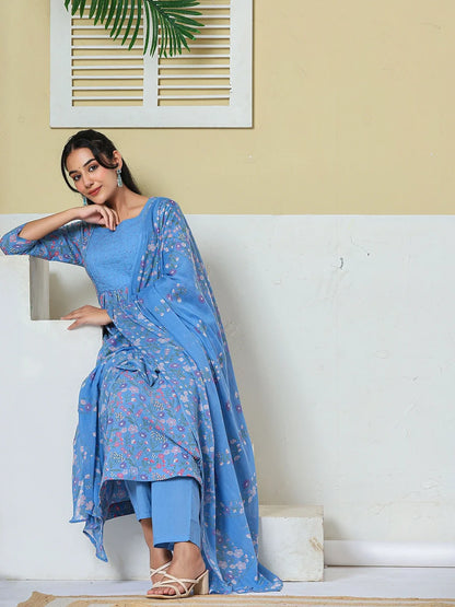 Cotton Kantha Work Kurta Pant Dupatta Set