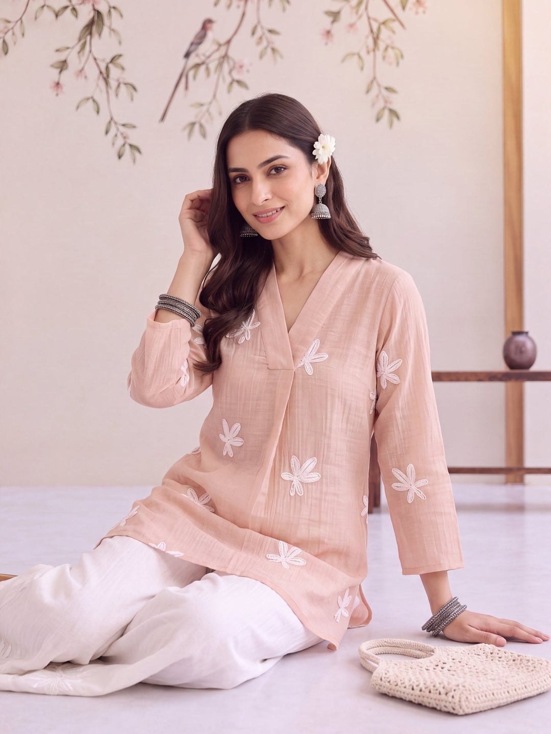 Pure Silk Chanderi Floral Applique Top