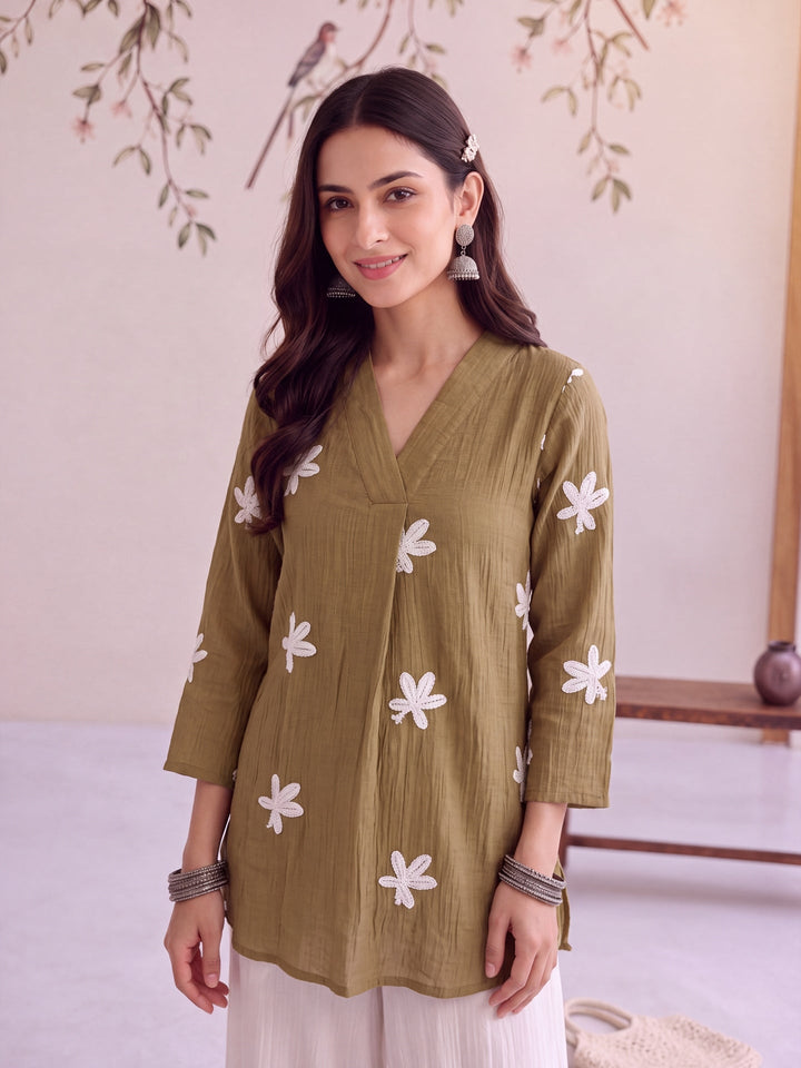 Pure Silk Chanderi Floral Applique Top