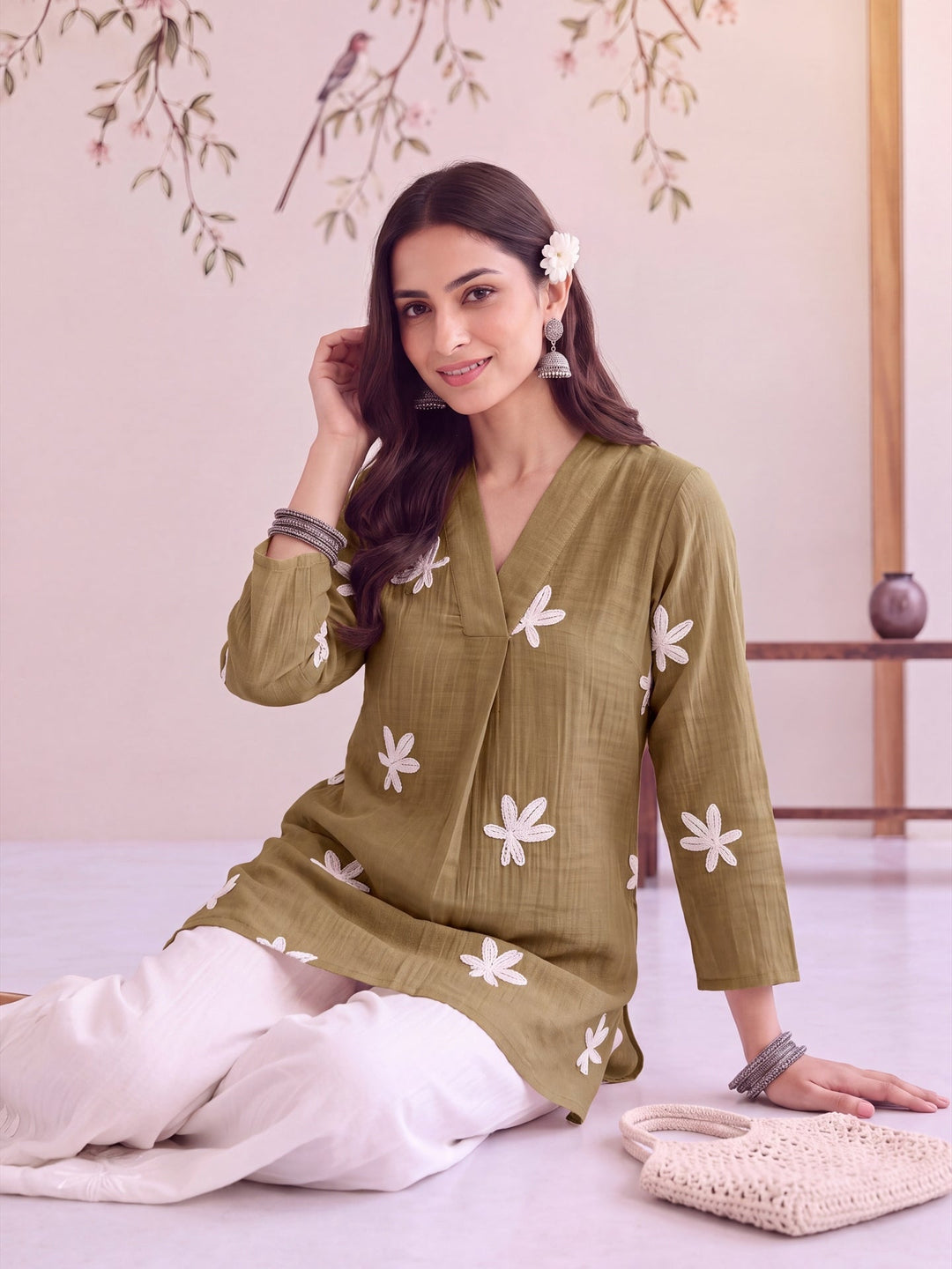 Pure Silk Chanderi Floral Applique Top