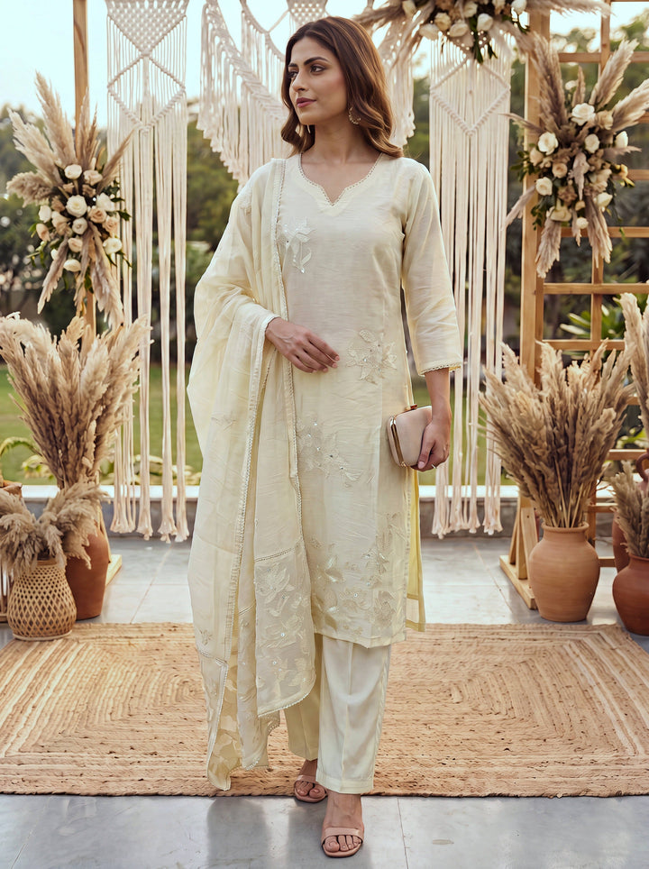 Yellow Chanderi Cotton Lining Kurta Dupatta Pant Set