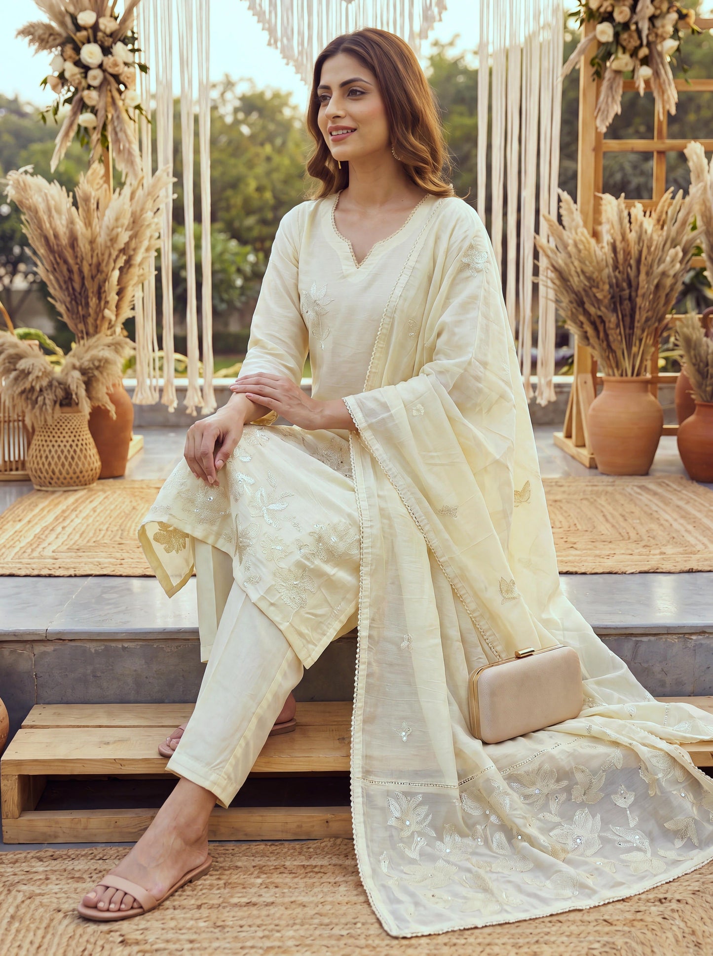Yellow Chanderi Cotton Lining Kurta Dupatta Pant Set