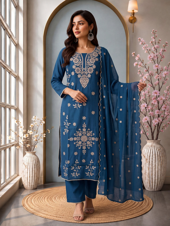 Roman Silk Embroidery Straight Lining Kurta Pant Dupatta Set