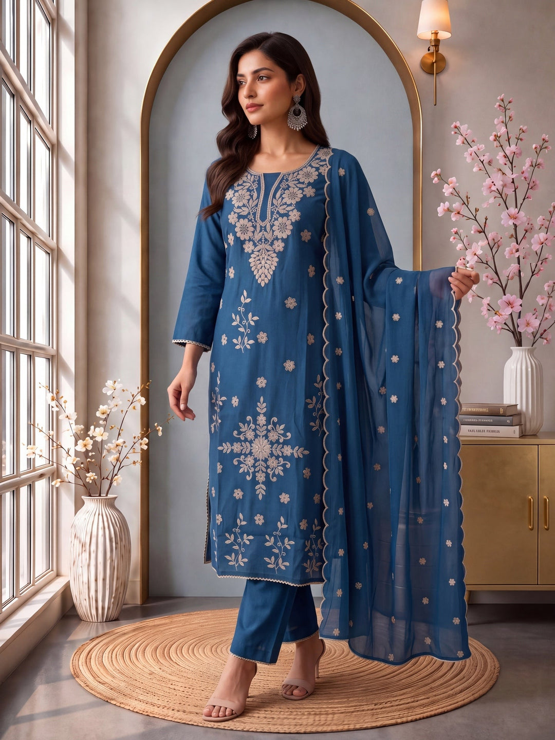 Roman Silk Embroidery Straight Lining Kurta Pant Dupatta Set