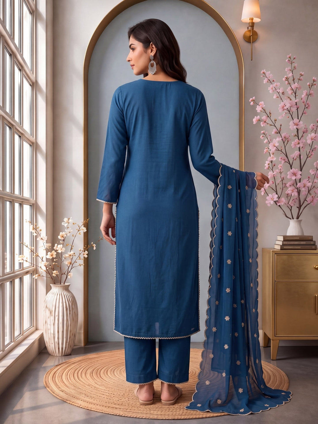 Roman Silk Embroidery Straight Lining Kurta Pant Dupatta Set