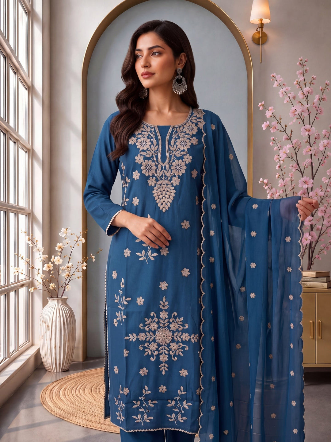 Roman Silk Embroidery Straight Lining Kurta Pant Dupatta Set