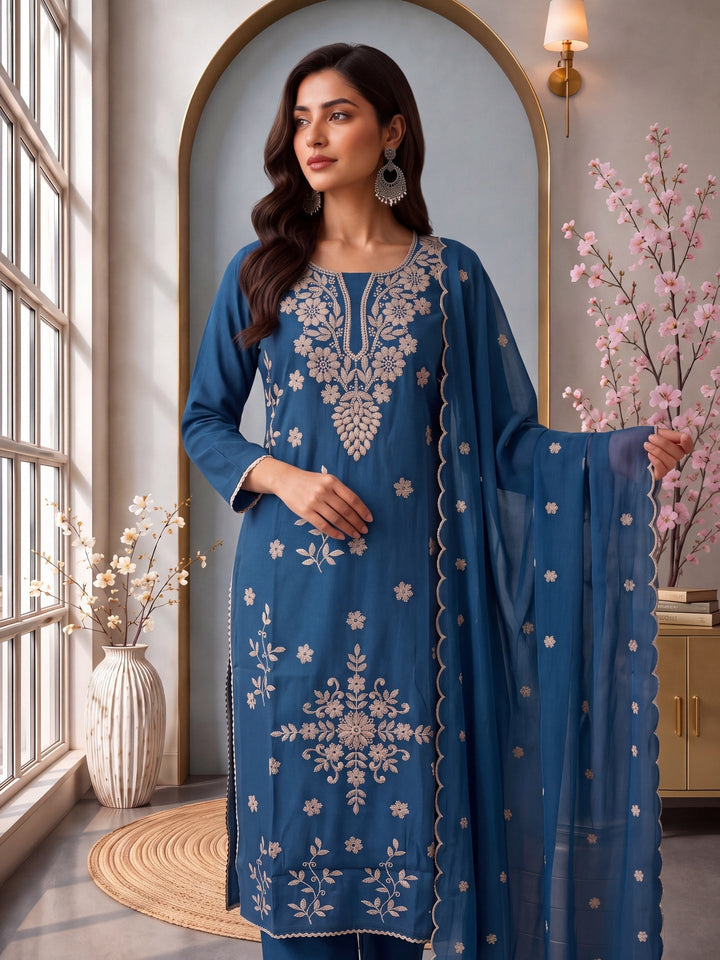 Roman Silk Embroidery Straight Lining Kurta Pant Dupatta Set