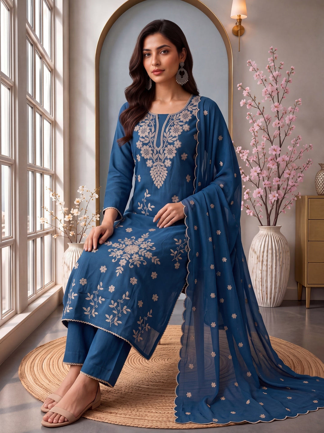 Roman Silk Embroidery Straight Lining Kurta Pant Dupatta Set