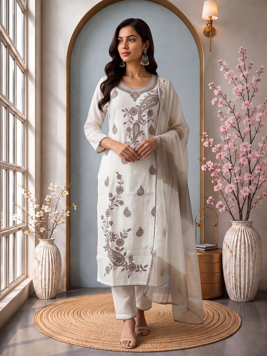Roman Silk Embroidery Straight Lining Kurta Pant Dupatta Set