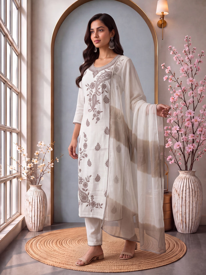 Roman Silk Embroidery Straight Lining Kurta Pant Dupatta Set