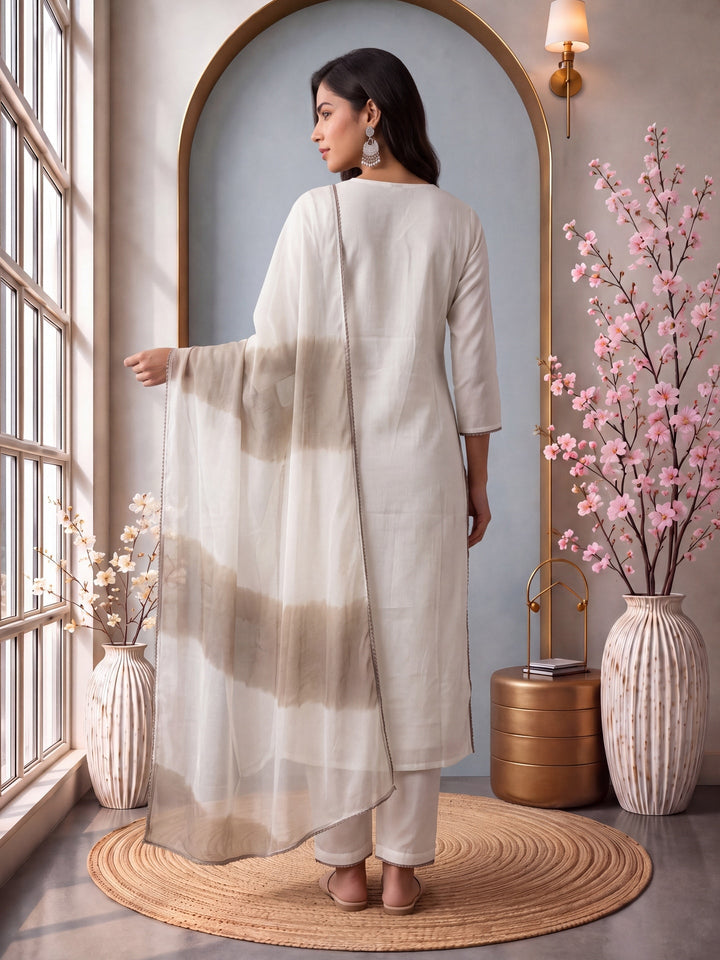 Roman Silk Embroidery Straight Lining Kurta Pant Dupatta Set