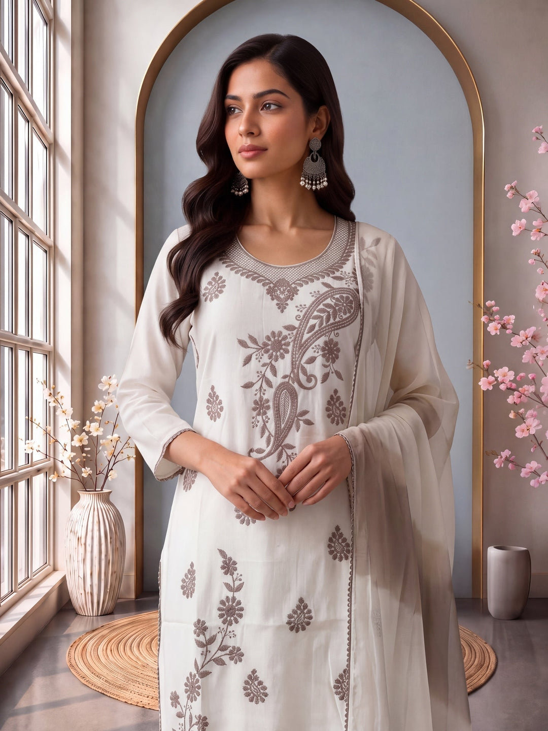 Roman Silk Embroidery Straight Lining Kurta Pant Dupatta Set