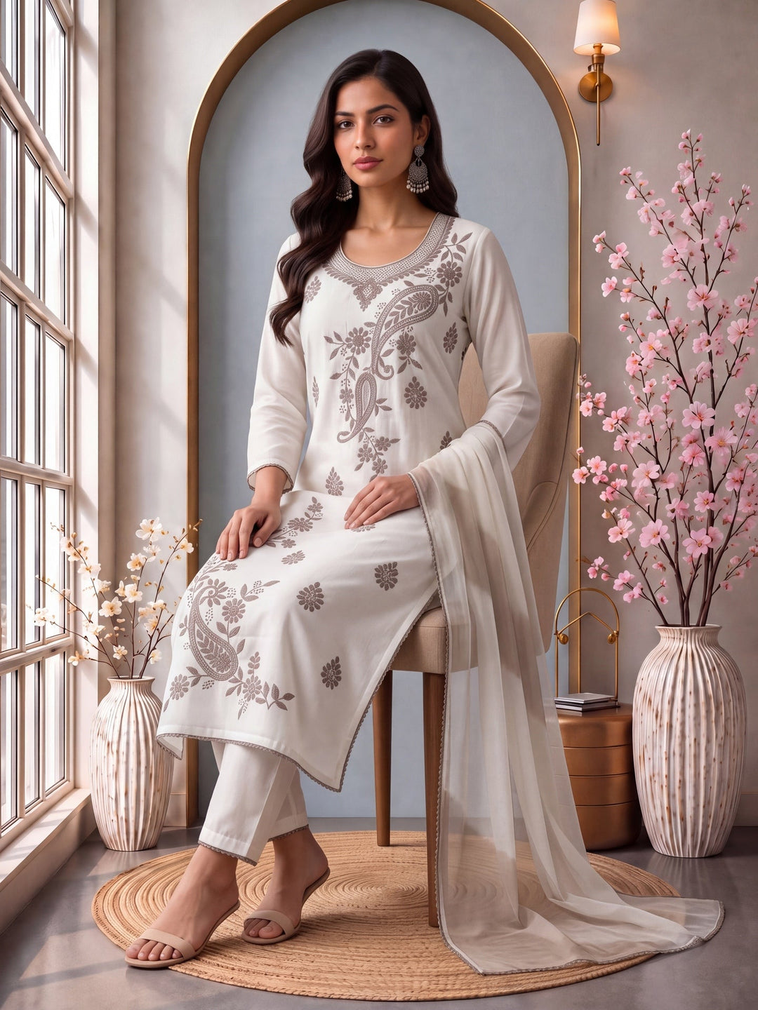 Roman Silk Embroidery Straight Lining Kurta Pant Dupatta Set
