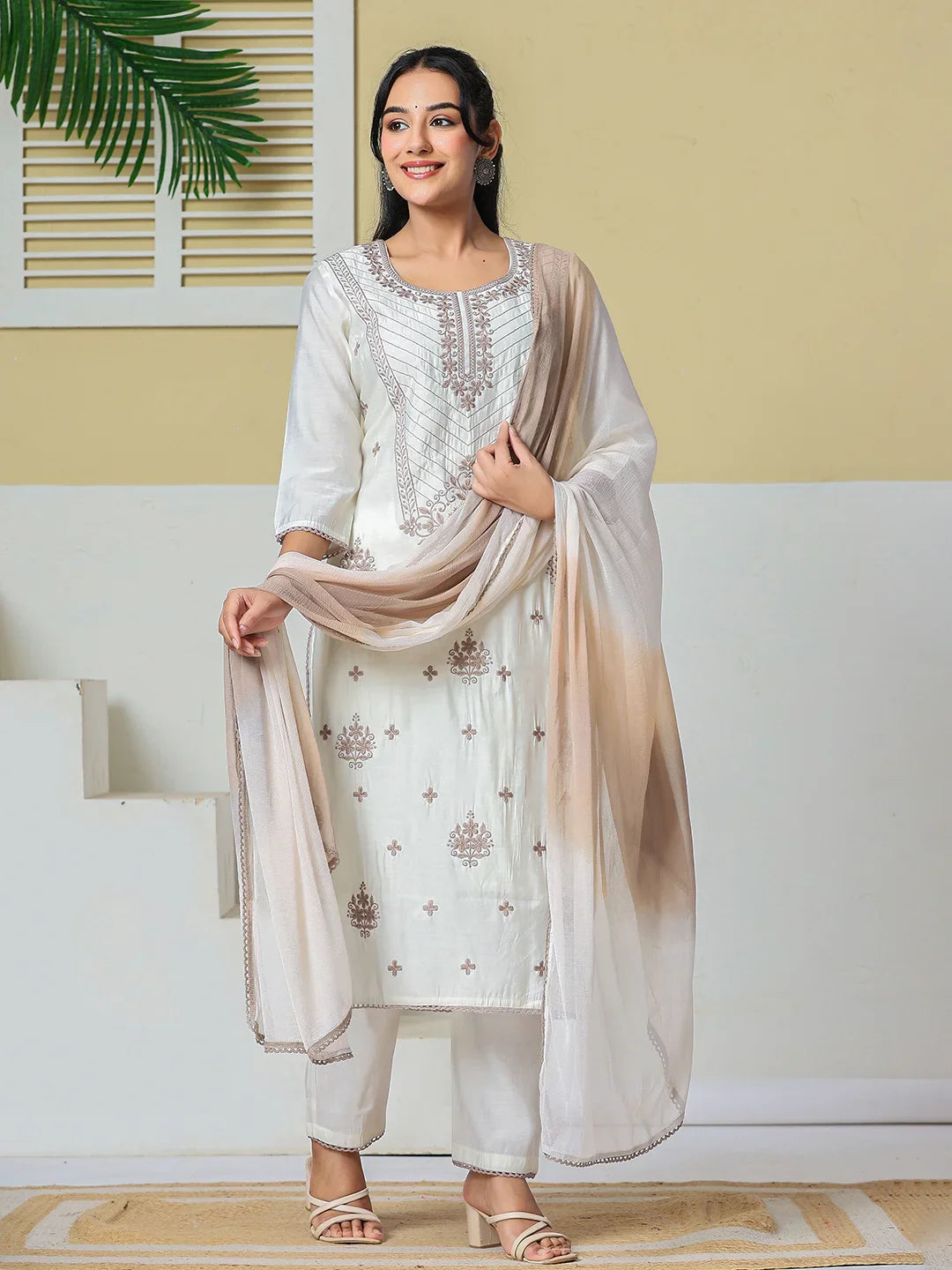Roman Silk Embroidery Straight Lining Kurta Pant Dupatta Set