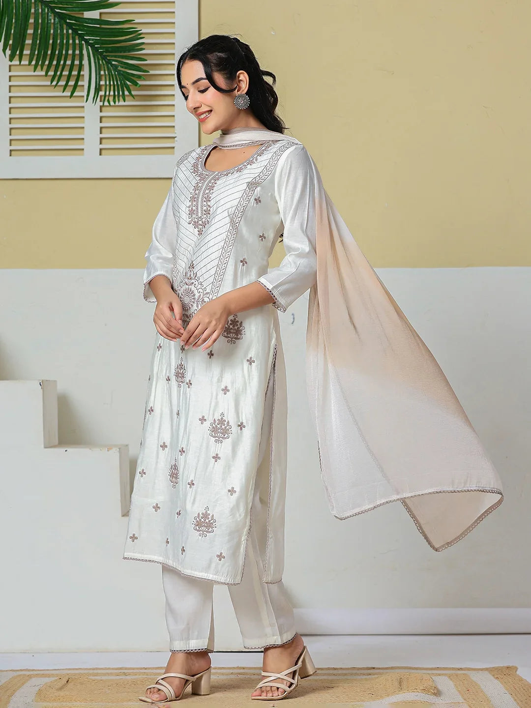 Roman Silk Embroidery Straight Lining Kurta Pant Dupatta Set