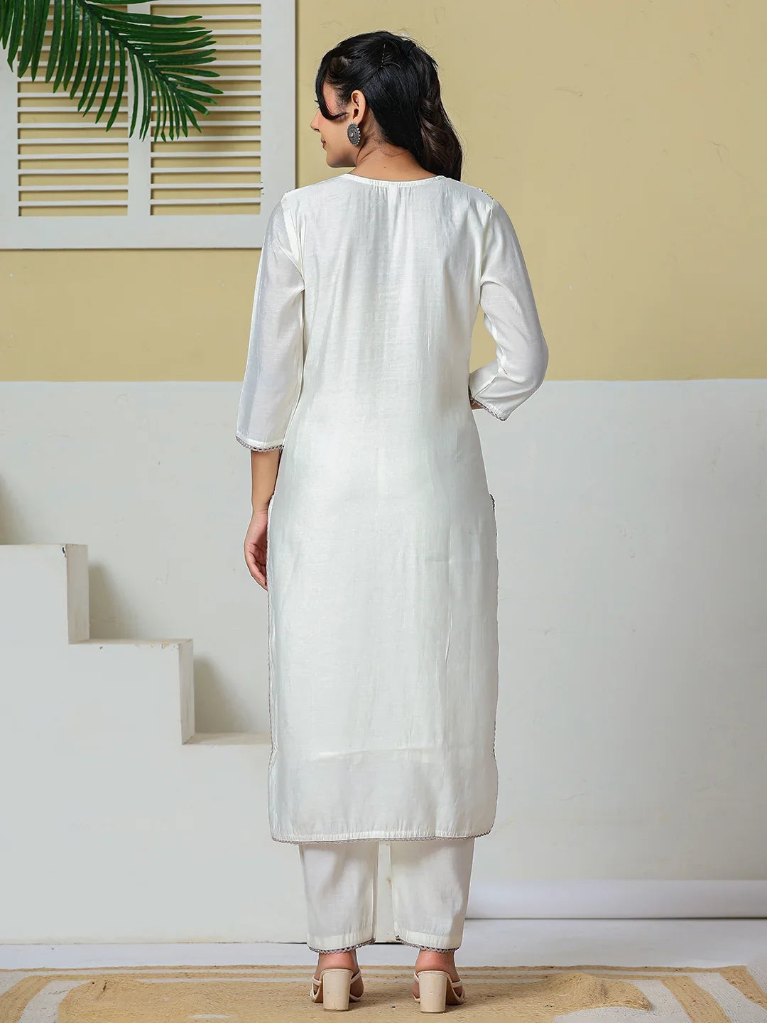 Roman Silk Embroidery Straight Lining Kurta Pant Dupatta Set