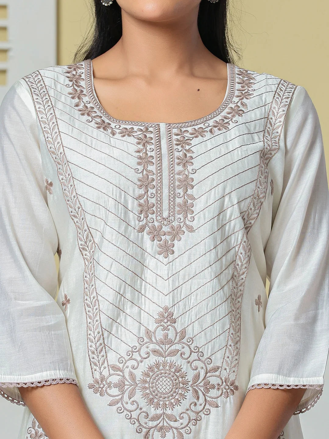 Roman Silk Embroidery Straight Lining Kurta Pant Dupatta Set