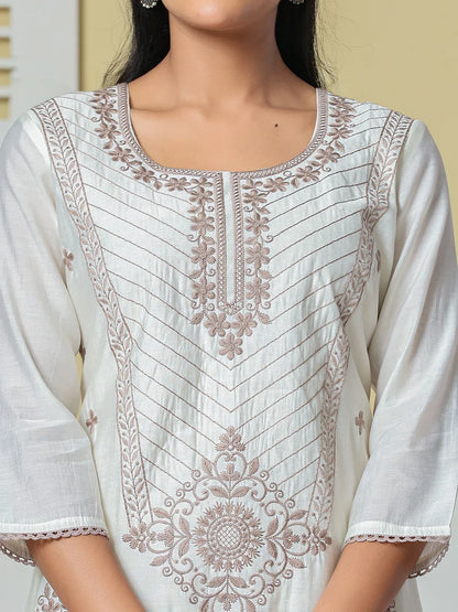 Roman Silk Embroidery Straight Lining Kurta Pant Dupatta Set