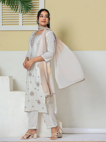 Roman Silk Embroidery Straight Lining Kurta Pant Dupatta Set