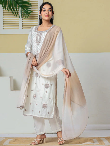 Roman Silk Embroidery Straight Lining Kurta Pant Dupatta Set