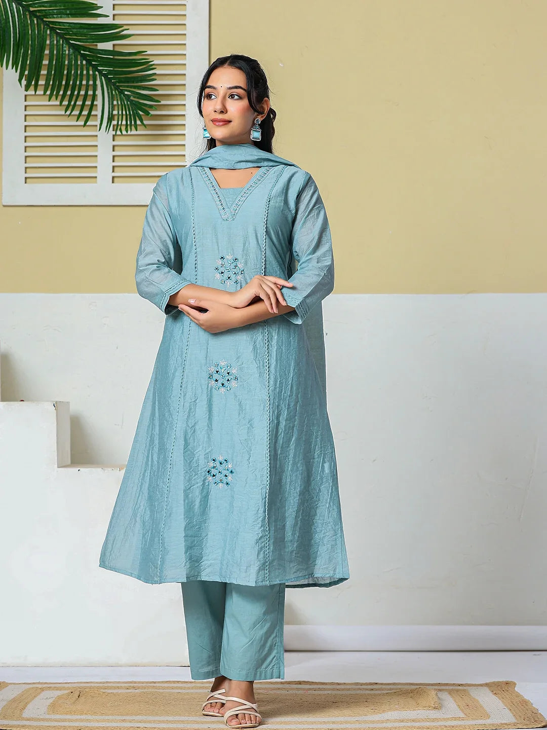 Mul Chanderi Embroidery A Line Kurta Pant Dupatta Set