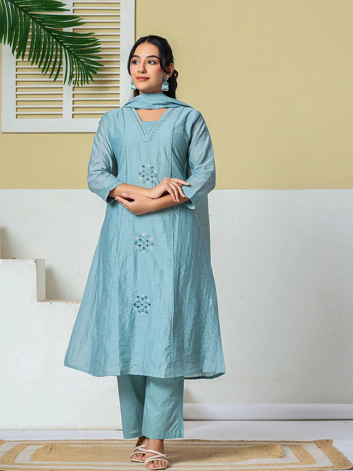 Mul Chanderi Embroidery A Line Kurta Pant Dupatta Set