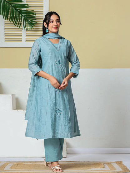 Mul Chanderi Embroidery A Line Kurta Pant Dupatta Set