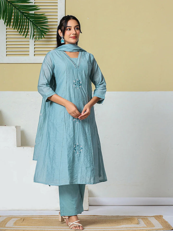 Mul Chanderi Embroidery A Line Kurta Pant Dupatta Set