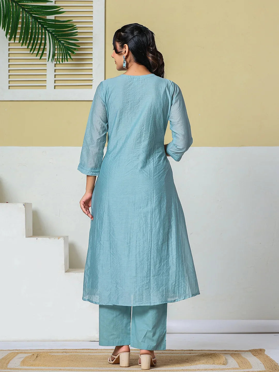 Mul Chanderi Embroidery A Line Kurta Pant Dupatta Set