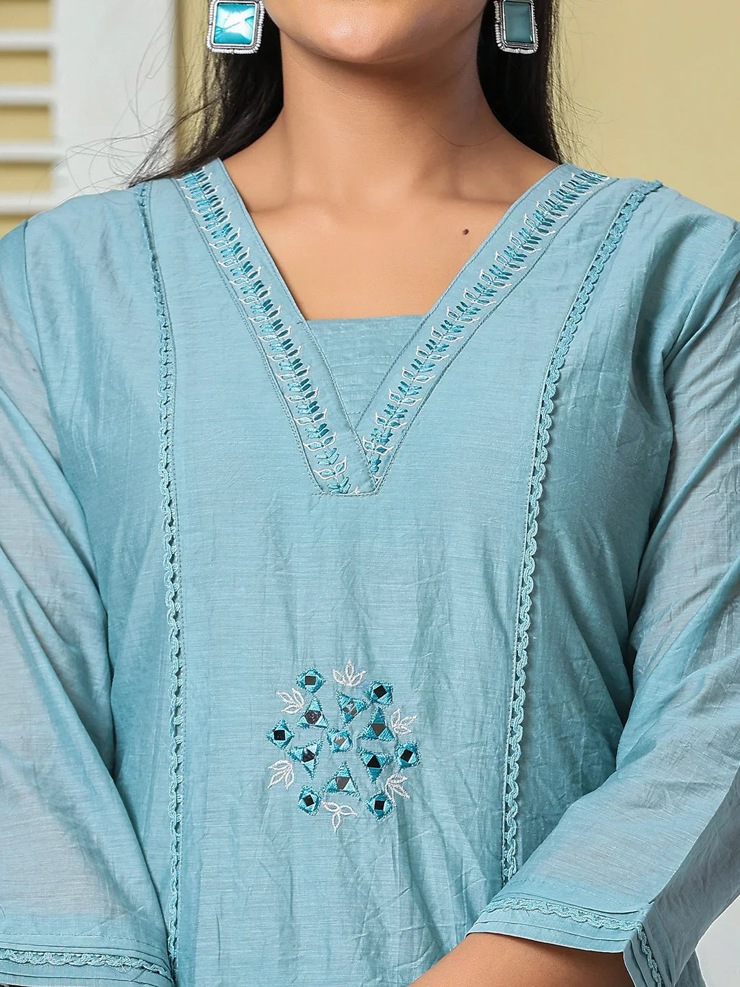 Mul Chanderi Embroidery A Line Kurta Pant Dupatta Set