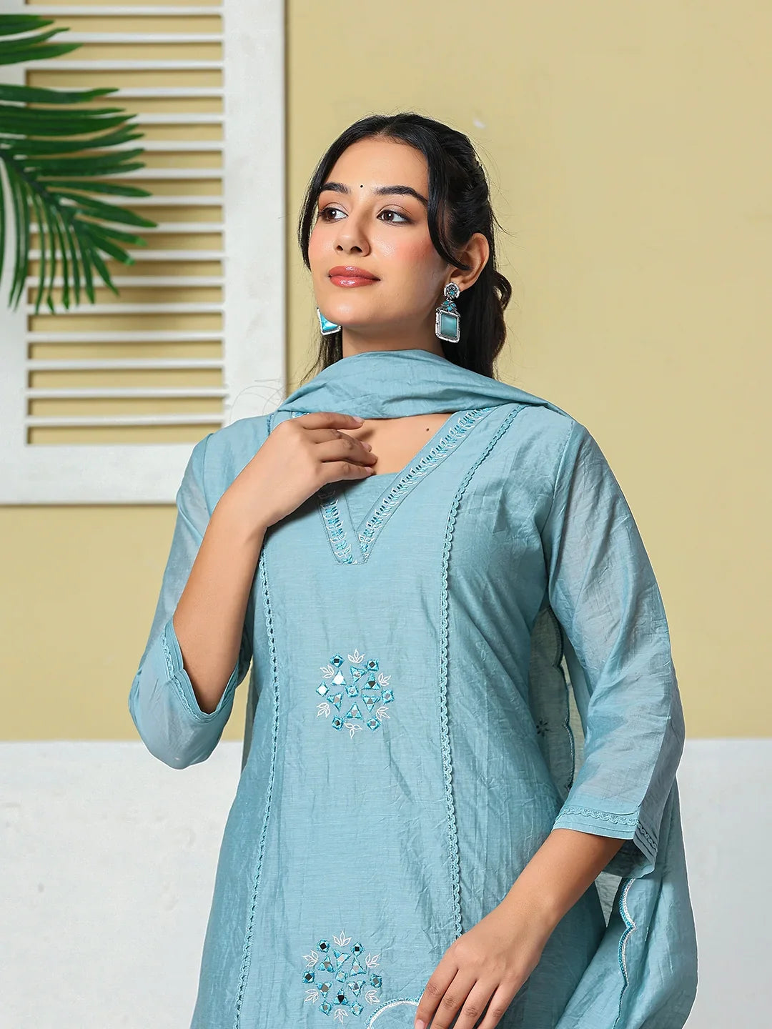 Mul Chanderi Embroidery A Line Kurta Pant Dupatta Set