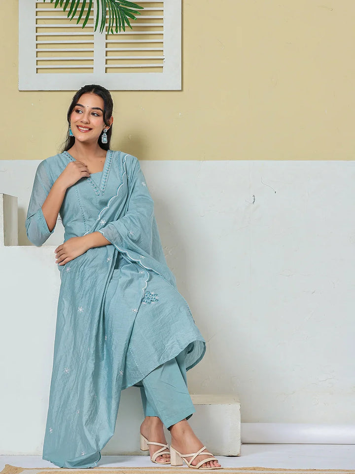 Mul Chanderi Embroidery A Line Kurta Pant Dupatta Set