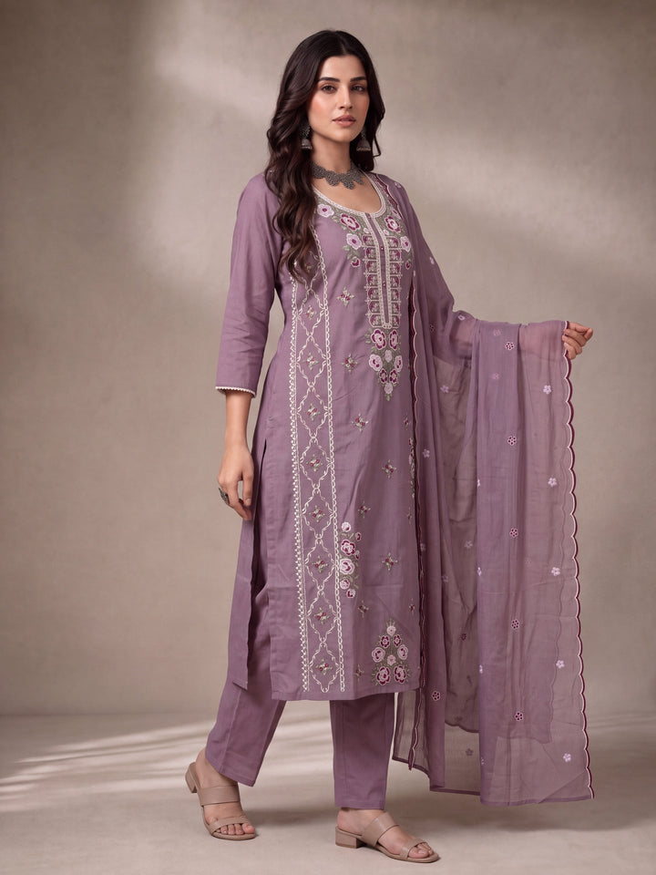 Mul Chanderi Embroidery Straight Lining Kurta Pant Dupatta Set
