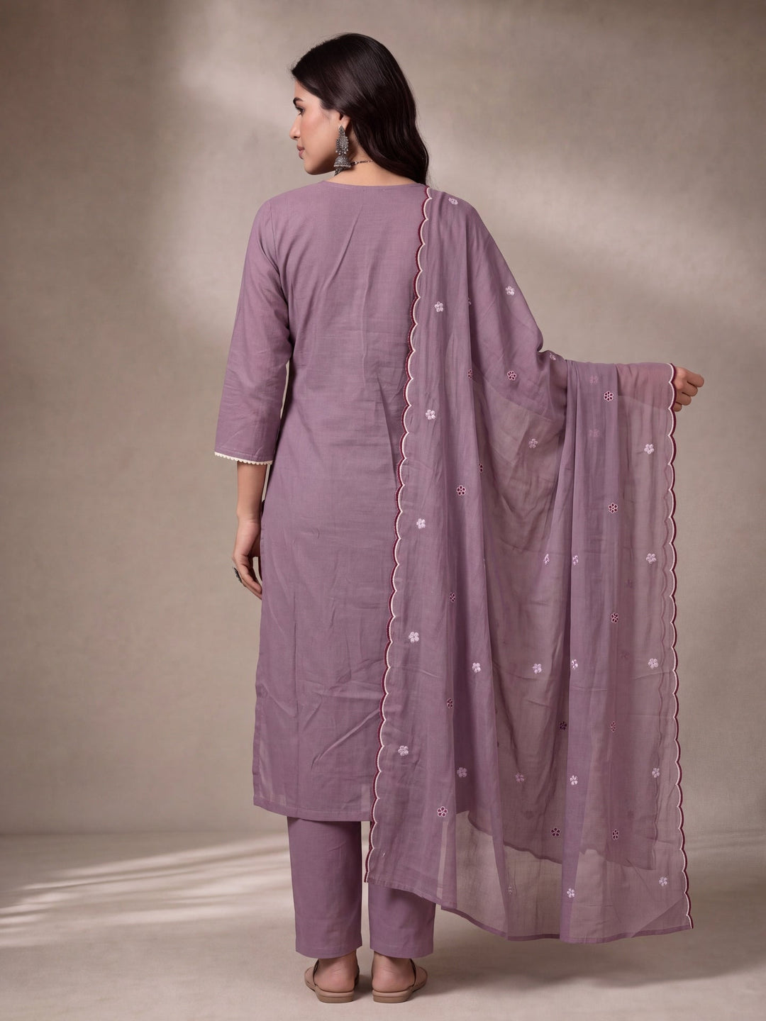 Mul Chanderi Embroidery Straight Lining Kurta Pant Dupatta Set