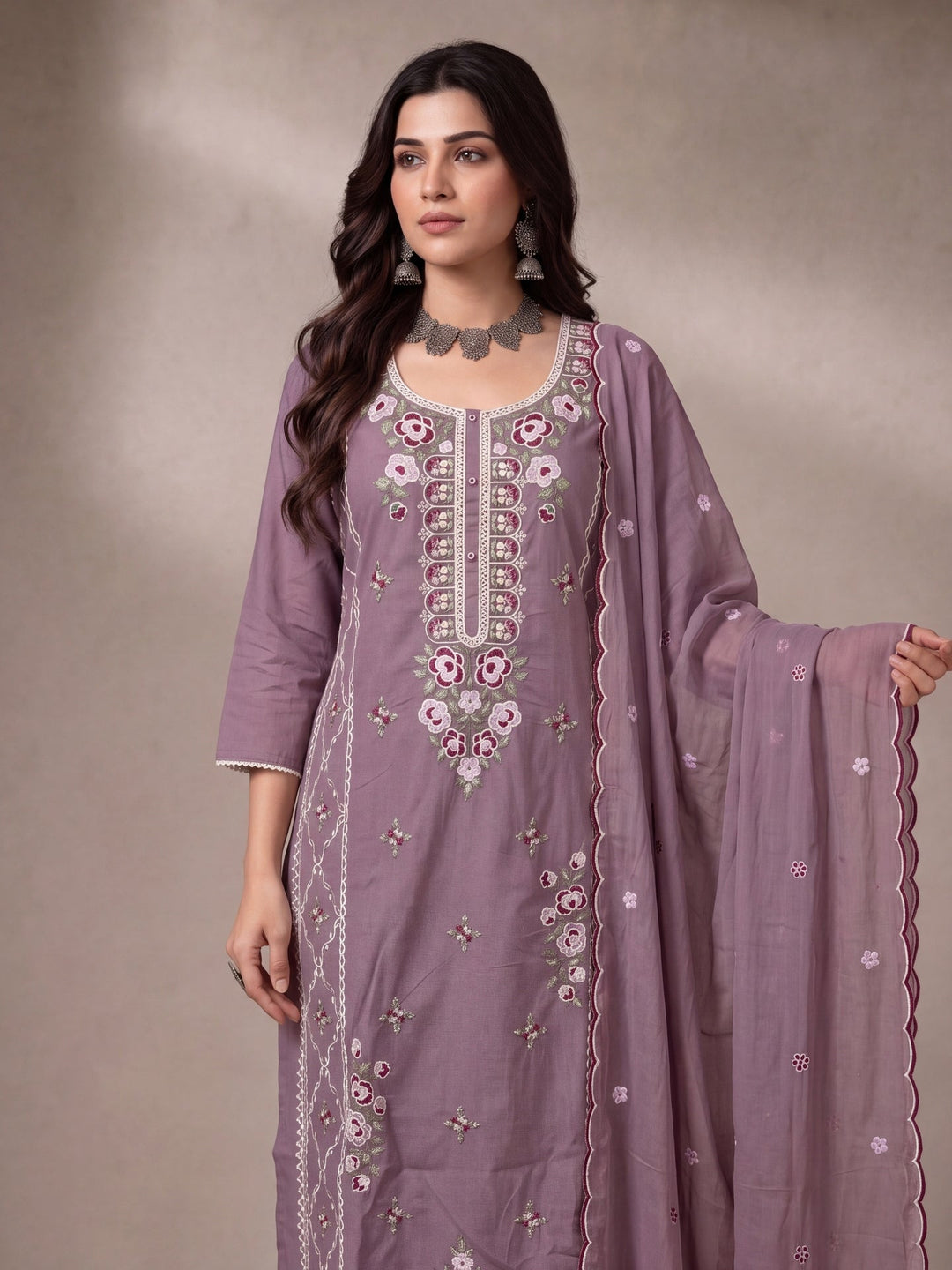 Mul Chanderi Embroidery Straight Lining Kurta Pant Dupatta Set