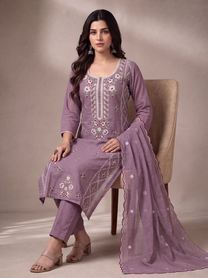 Mul Chanderi Embroidery Straight Lining Kurta Pant Dupatta Set