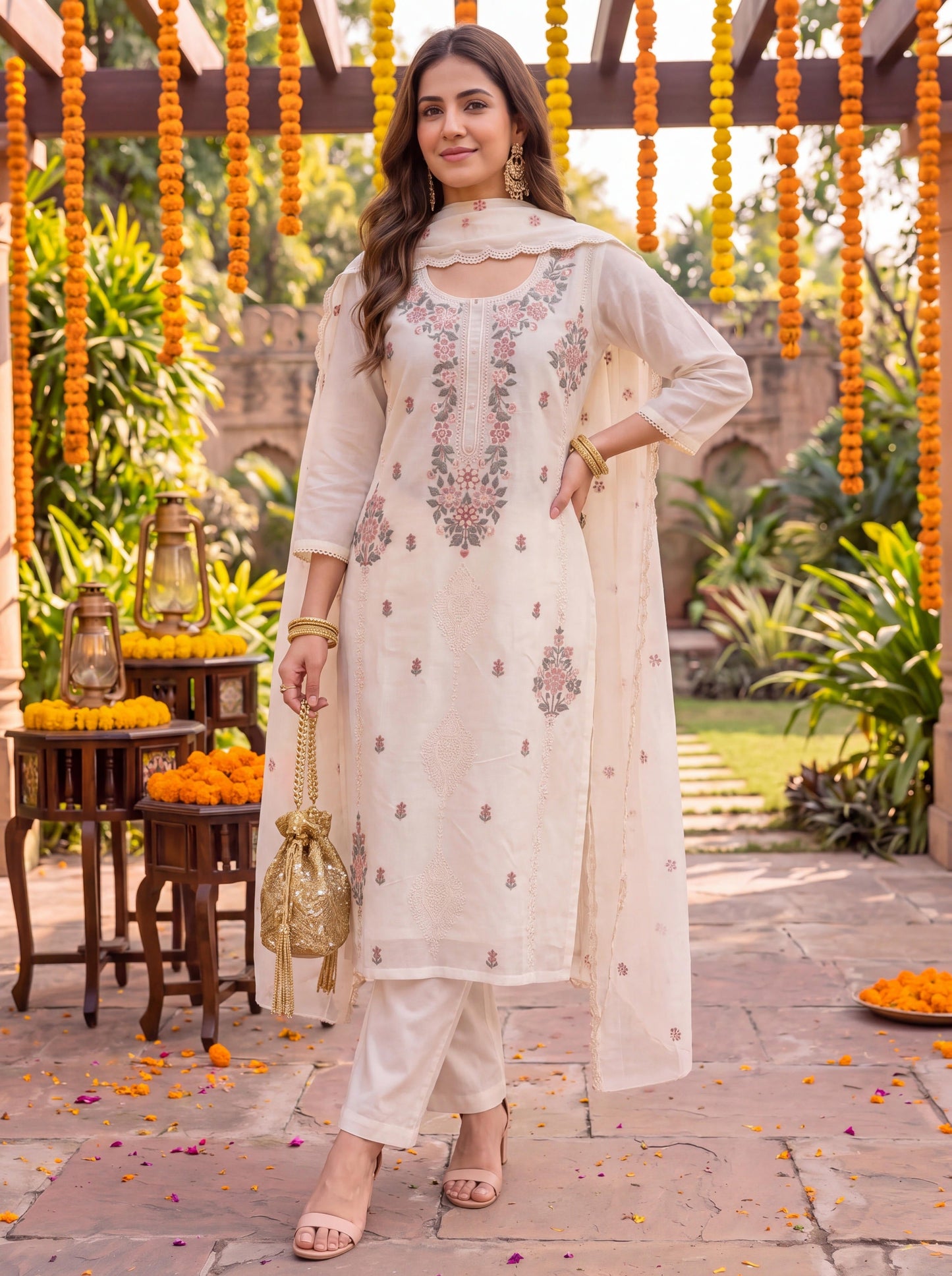 Cream Chanderi Cotton Lining Kurta Dupatta Pant Set