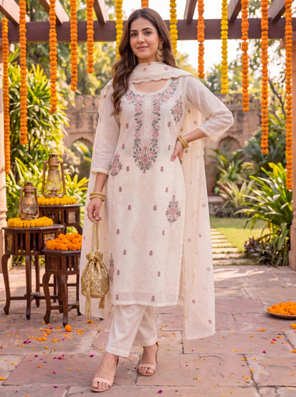 Cream Chanderi Cotton Lining Kurta Dupatta Pant Set