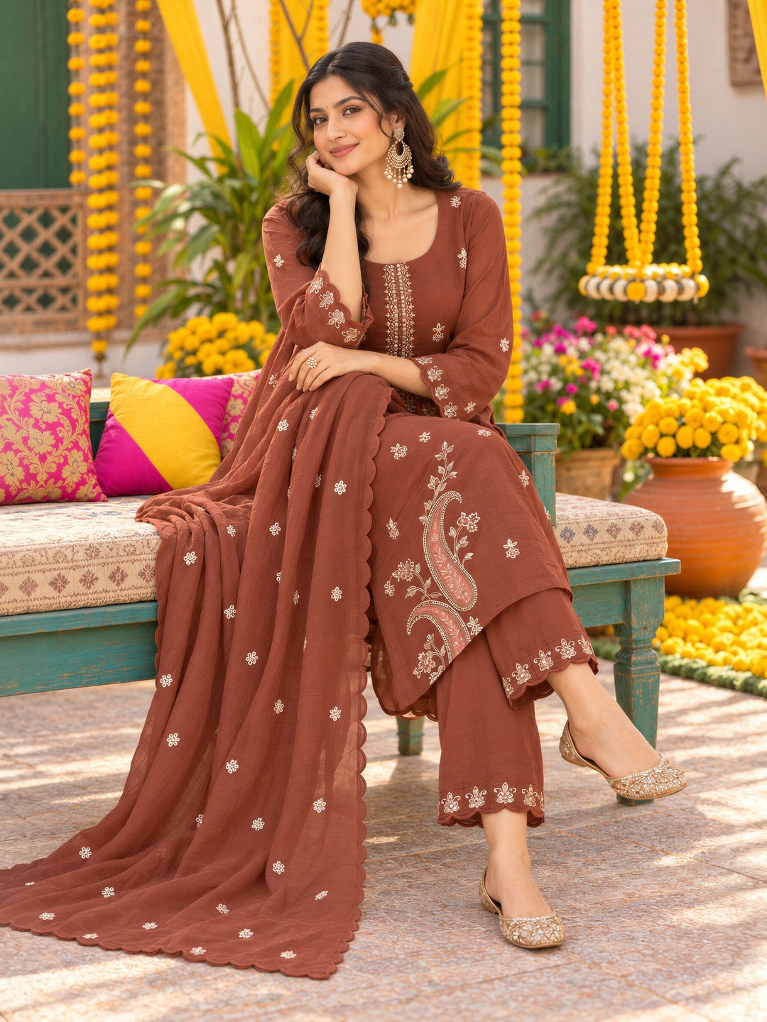 Mal Chanderi  Kurta Pant Dupatta Set