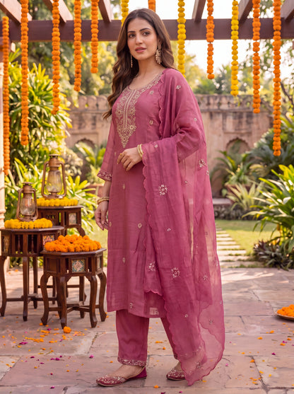 Pink Chanderi Cotton Lining Kurta Dupatta Pant Set