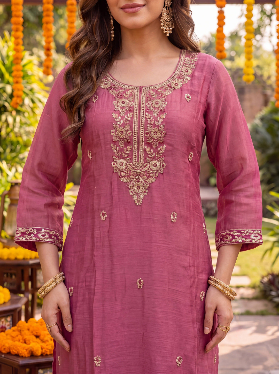 Pink Chanderi Cotton Lining Kurta Dupatta Pant Set