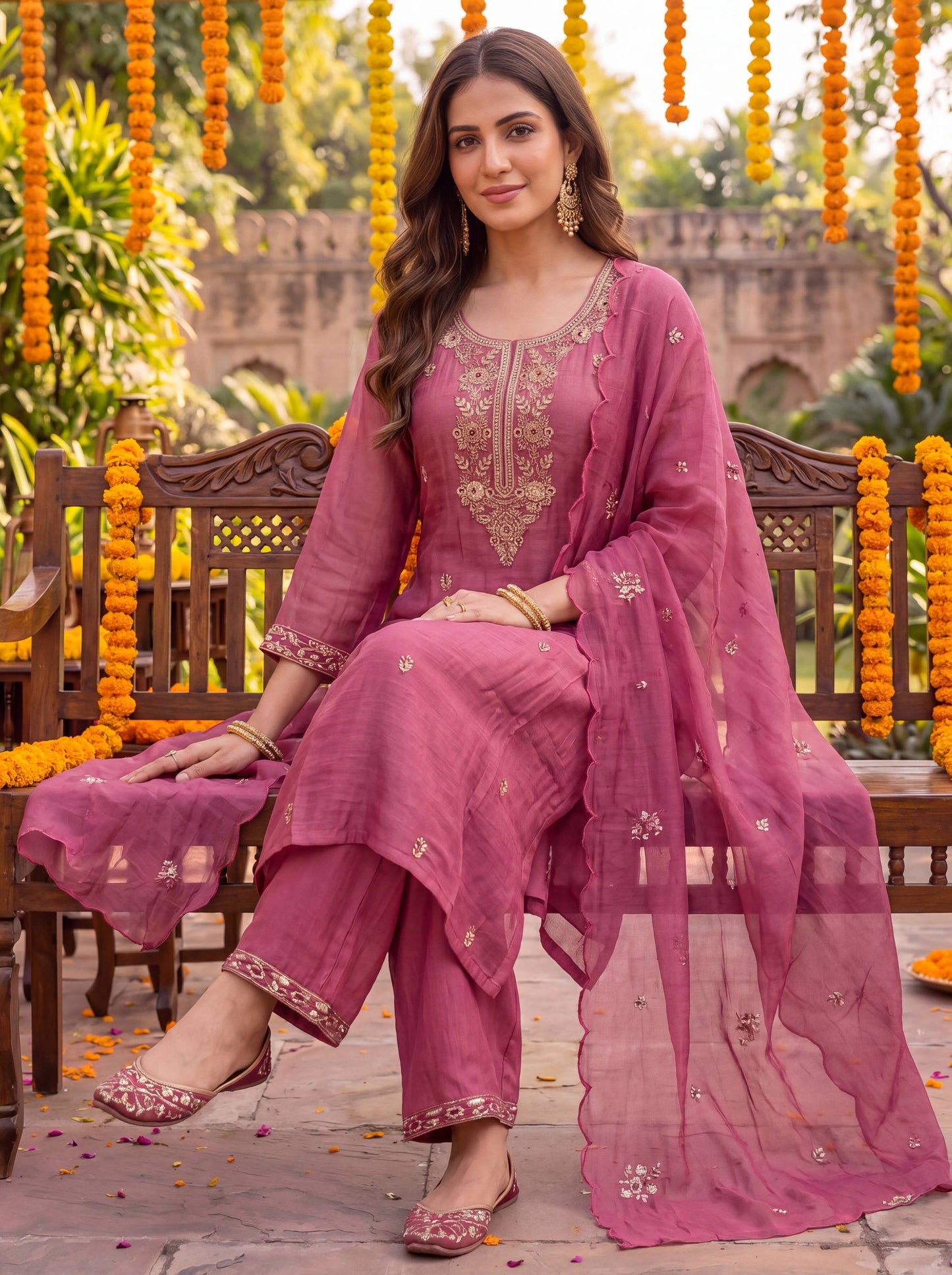 Pink Chanderi Cotton Lining Kurta Dupatta Pant Set