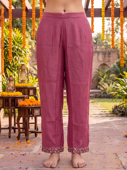 Pink Chanderi Cotton Lining Kurta Dupatta Pant Set